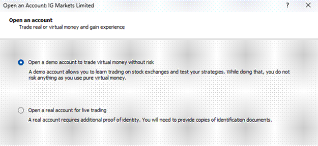 Title: MT5 platform showing Open an Account option - Description: MT5 platform showing Open an Account option