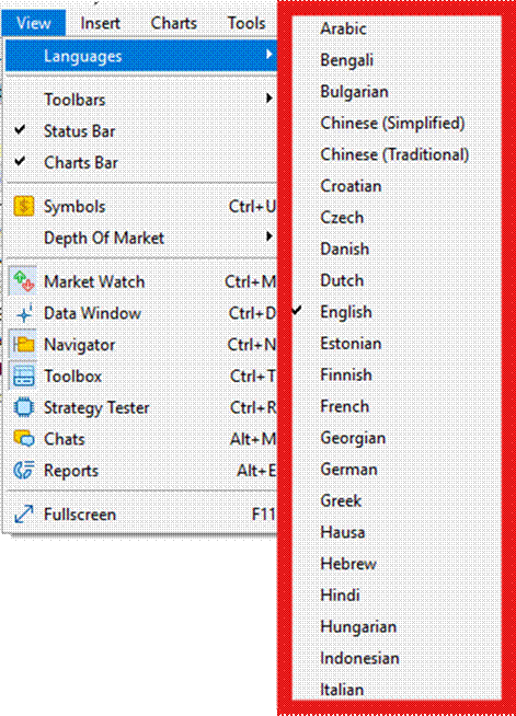 Title: MT5 View menu showing Languages option - Description: MT5 View menu showing Languages option