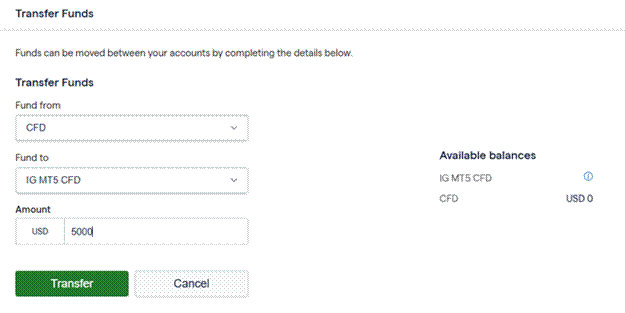 Title: My IG dashboard showing Add funds button next to MT5 account - Description: My IG dashboard showing Add funds button next to MT5 account