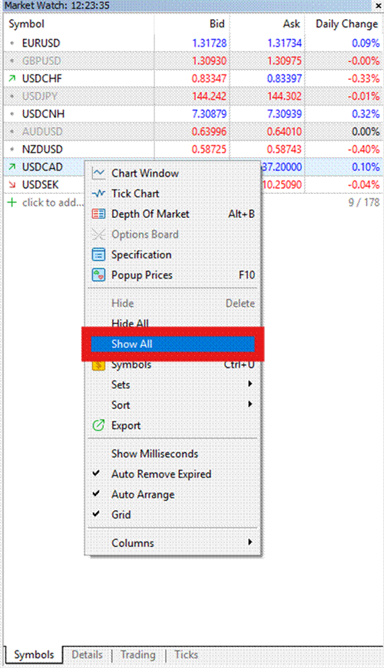 Title: MT5 Market Watch panel showing full list of available markets - Description: MT5 Market Watch panel showing full list of available markets